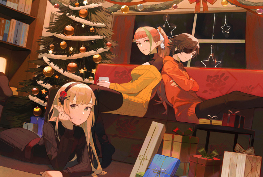 3girls, amelia_(mahou_arms), bangs, black_eyepatch, black_hairband, black_sweater, bookshelf, brown_eyes