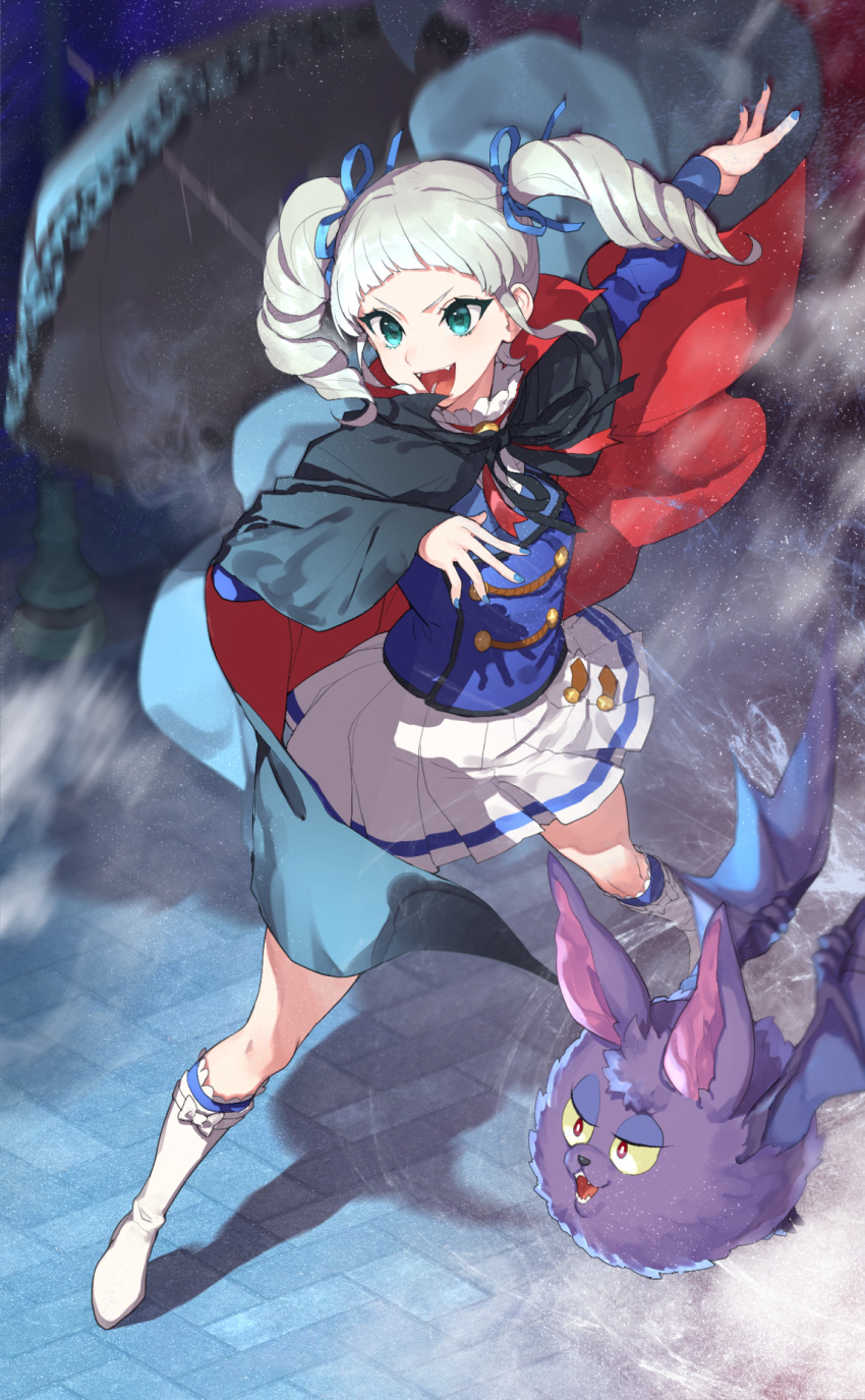 1girl, :d, aikatsu!_(series), alan_(aikatsu!), bangs, bat, black_cape, blue_jacket, blue_nails, blue_ribbon, blunt_bangs, boots, buttons, cape, commentary_request, double-breasted, drill_hair, fangs, floating_hair, frilled_umbrella, full_body, green_eyes, green_hair, hair_ribbon, hand_up, highres, hitoto, jacket, knee_boots, lamppost, legs_apart, long_sleeves, looking_away, looking_to_the_side, medium_hair, motion_blur, outdoors, outstretched_arm, outstretched_hand, parasol, pleated_skirt, red_cape, red_neckwear, ribbon, shadow, shiny, shiny_hair, sidelocks, skirt, smile, smoke, standing, toudou_yurika, twin_drills, twintails, two-tone_cape, umbrella, v-shaped_eyebrows, white_footwear, white_skirt, wind