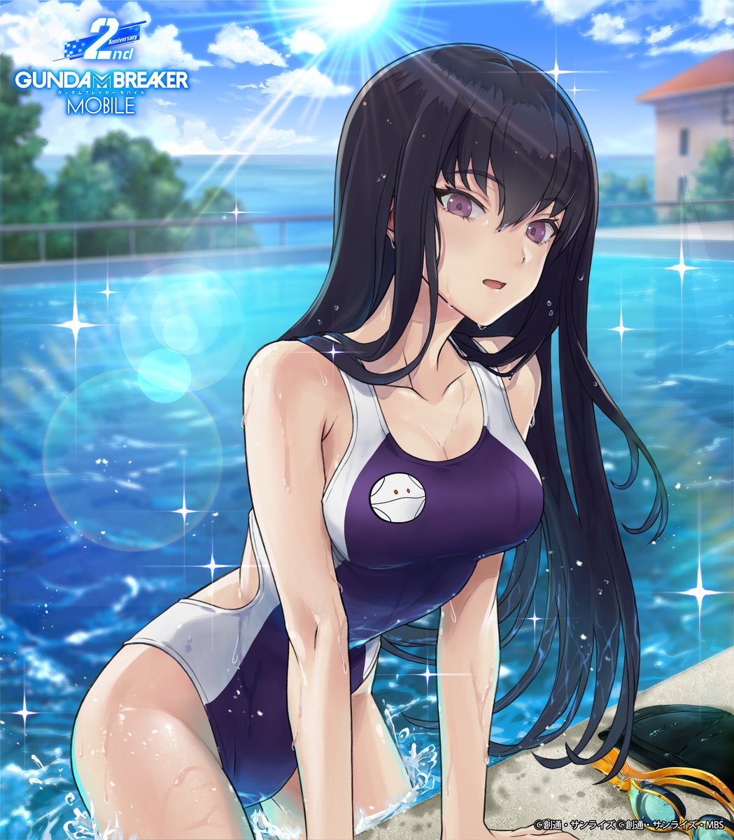 1girl, absurdres, artist_request, black_hair, black_skirt, blush, breasts, commentary, copyright, copyright_name, gundam, gundam_breaker_mobile, hairband, highres, kuzunoha_rindou, lens_flare, long_hair, long_skirt, official_art, purple_eyes, purple_hairband, purple_scarf, ribbon, rooftop, scarf, skirt, sky, sleeve_cuffs, small_breasts, solo, straight_hair, summer, swimming, swimsuit