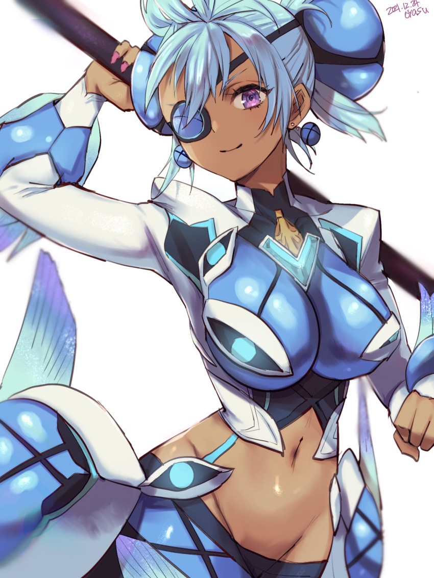 1girl, blue_hair, breasts, chest_jewel, dark-skinned_female, dark_skin, earrings, highres