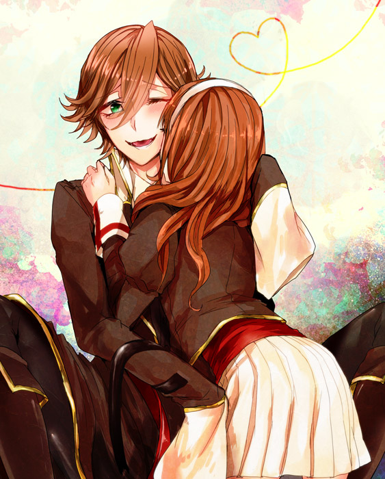 1boy, 1girl, black_jacket, blush, boots, brown_hair, eyebrows_visible_through_hair, green_eyes, hairband, heart, hug, jacket, jooubachi_no_oubou, menou_(jooubachi_no_oubou), one_eye_closed, open_mouth, ruby_(jooubachi_no_oubou), sitting, skirt, sleeves_past_wrists, smile, white_hairband