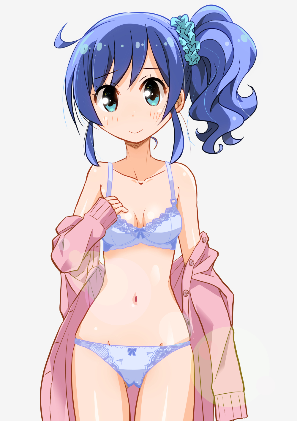 1girl, aikatsu!_(series), aqua_eyes, aqua_scrunchie, bangs, blue_bra, blue_hair, blue_panties
