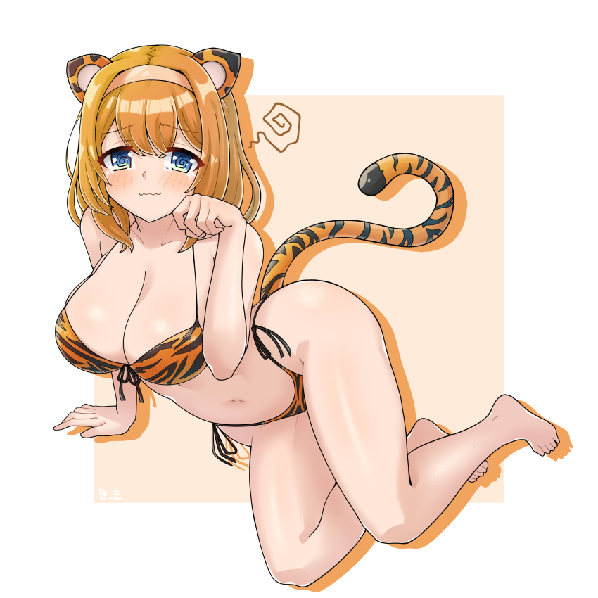 1girl, @_@, absurdres, animal_ears, animal_print, bangs, barefoot, bikini, blonde_hair, blue_eyes, blush, cailleach_bheur, chinese_zodiac, commission, embarrassed, full_body, hairband, highres, last_origin, looking_at_viewer, navel, new_year, noonnoon531, one_eye_closed, paw_pose, solo, squiggle, string_bikini, swimsuit, tail, tears, tiger_ears, tiger_print, tiger_tail, wavy_mouth, year_of_the_tiger