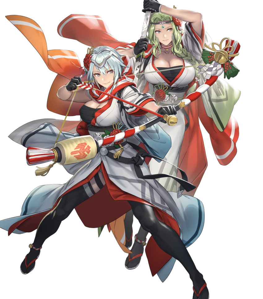 2girls, anklet, bangs, black_legwear, blue_hair, breasts, cuboon, dagr_(fire_emblem)
