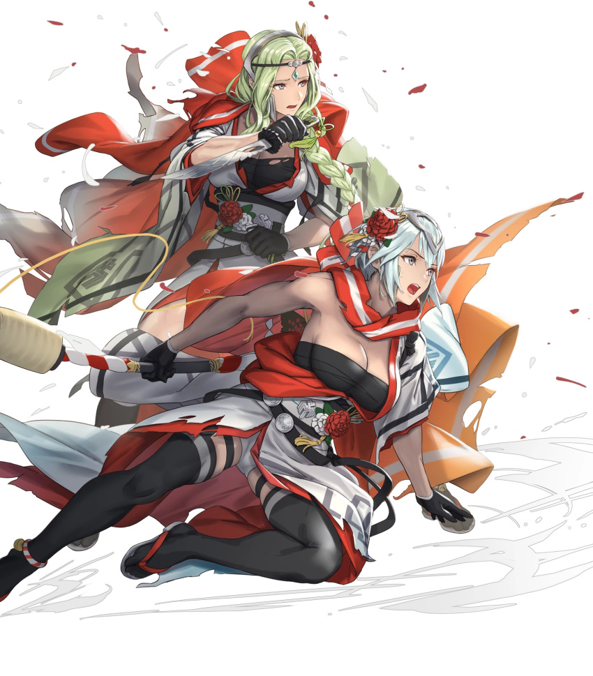 2girls, anklet, bangs, black_legwear, blue_hair, breasts, cuboon, dagr_(fire_emblem), fire_emblem, fire_emblem_heroes, green_hair, highres, japanese_clothes, jewelry, large_breasts, long_hair, multiple_girls, nott_(fire_emblem), official_art, sandals, short_hair, socks, thigh-highs, transparent_background