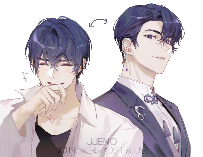 1boy, 2boys, :d, alternate_hairstyle, bangs, black_shirt, closed_eyes, dual_persona