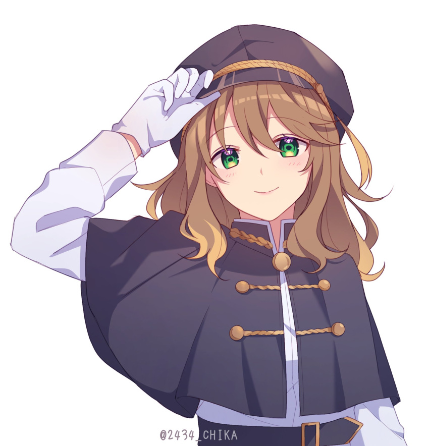 1girl, amicia_michella, arm_up, bangs, black_dress, blonde_hair, brown_hair, capelet