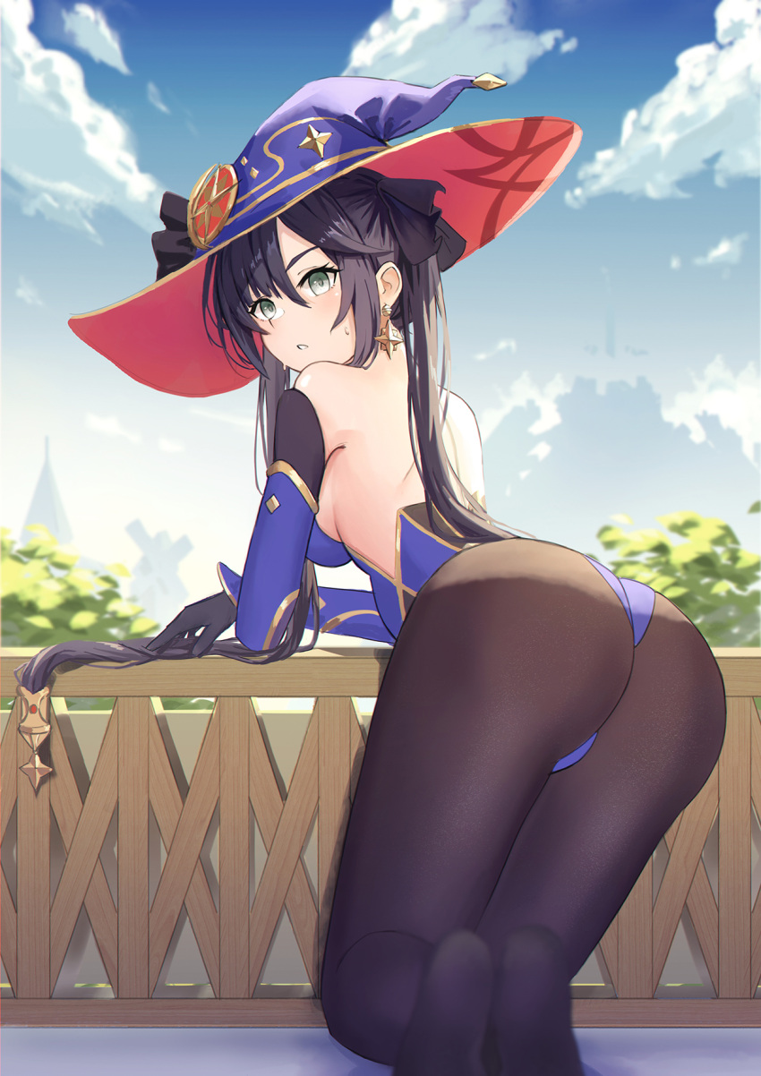 1girl, ass, bare_shoulders, bent_over, black_gloves, black_legwear, blue_headwear, blue_leotard