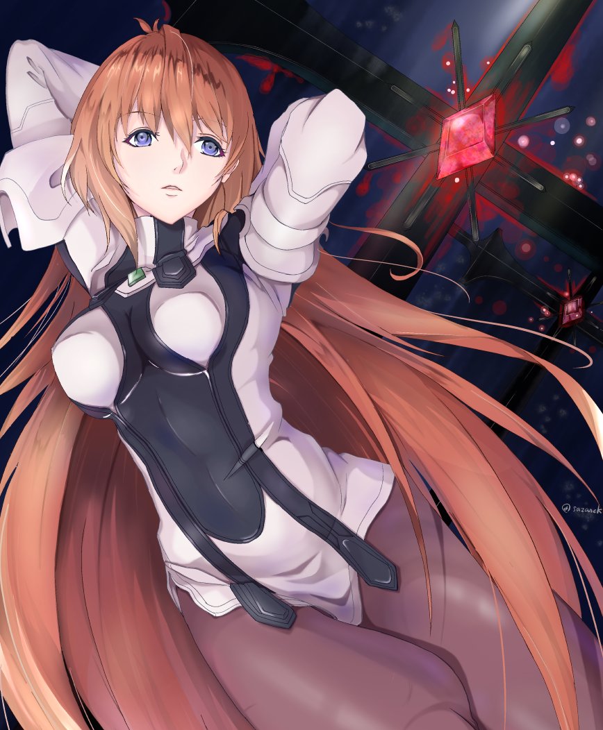 1girl, arms_behind_head, artist_name, breasts, dress, elhaym_van_houten, long_hair, open_mouth, orange_hair, pantyhose, sazane_kei, solo, twitter_username, uniform, very_long_hair, violet_eyes, xenogears