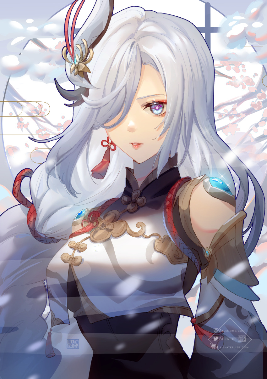1girl, absurdres, allenerie, bare_shoulders, blue_eyes, braid, breasts, commentary