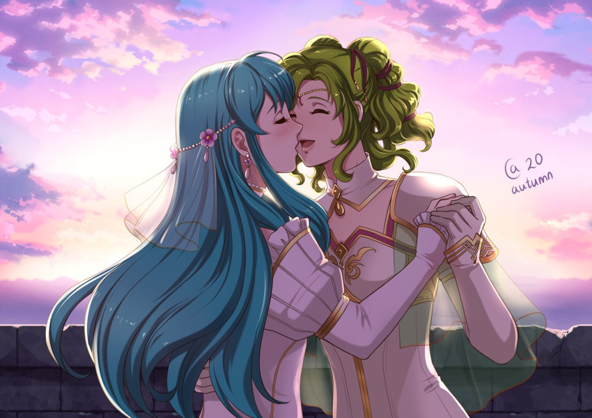 2girls, aqua_hair, armor, autumn-sacura, blush, bridal_veil, circlet, closed_eyes