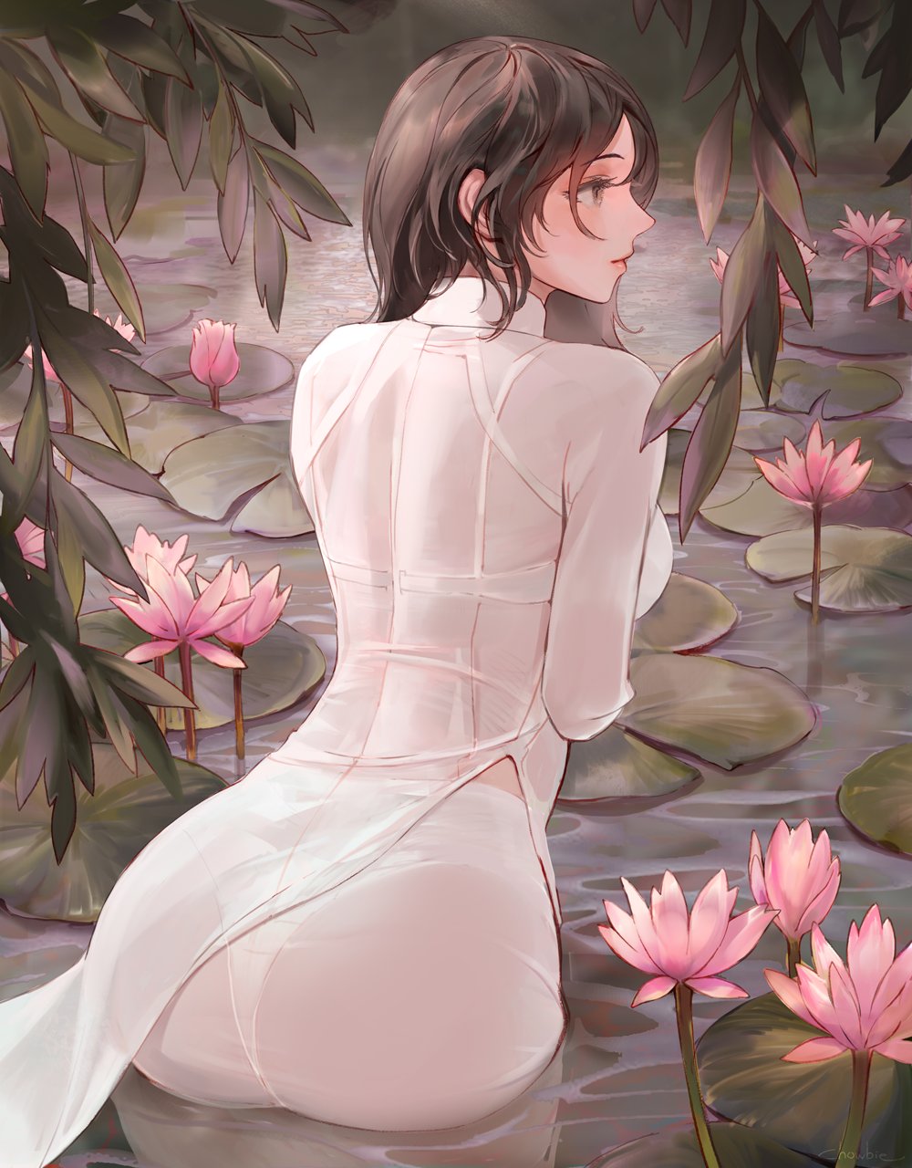 1girl, black_hair, bra, bralines, brown_eyes, chowbie, dress, flower
