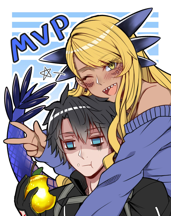 1boy, :t, ;d, apple, black_hair, blonde_hair, blue_eyes, blush