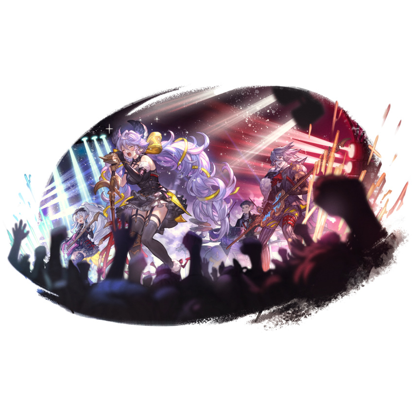 2boys, 2girls, alpha_transparency, animal_ears, baal_(granblue_fantasy), band, bangs, black_dress