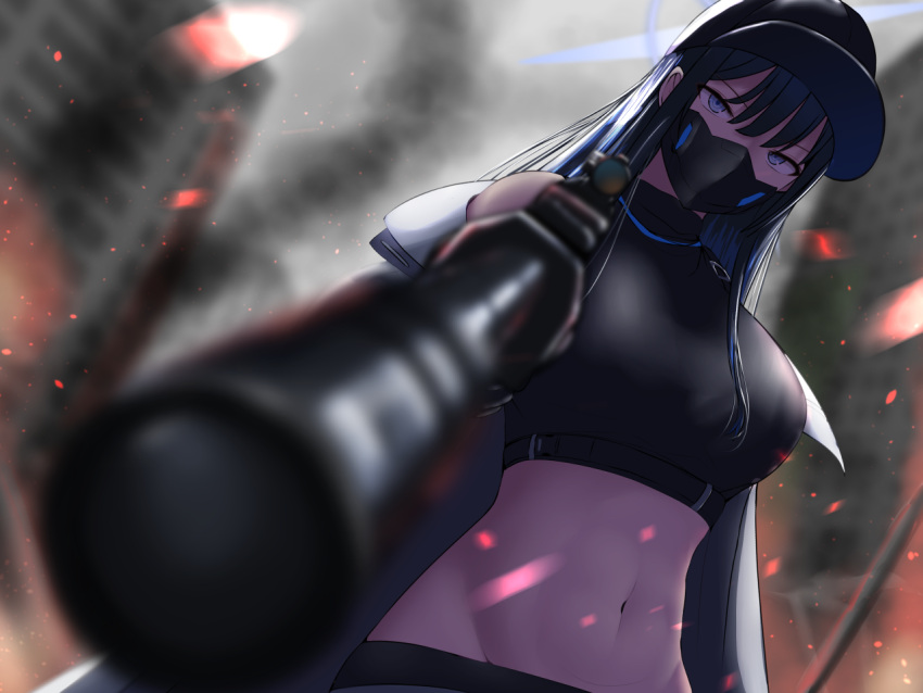 1girl, aiming_at_viewer, bangs, bare_shoulders, belt, black_hair, black_headwear, black_pants