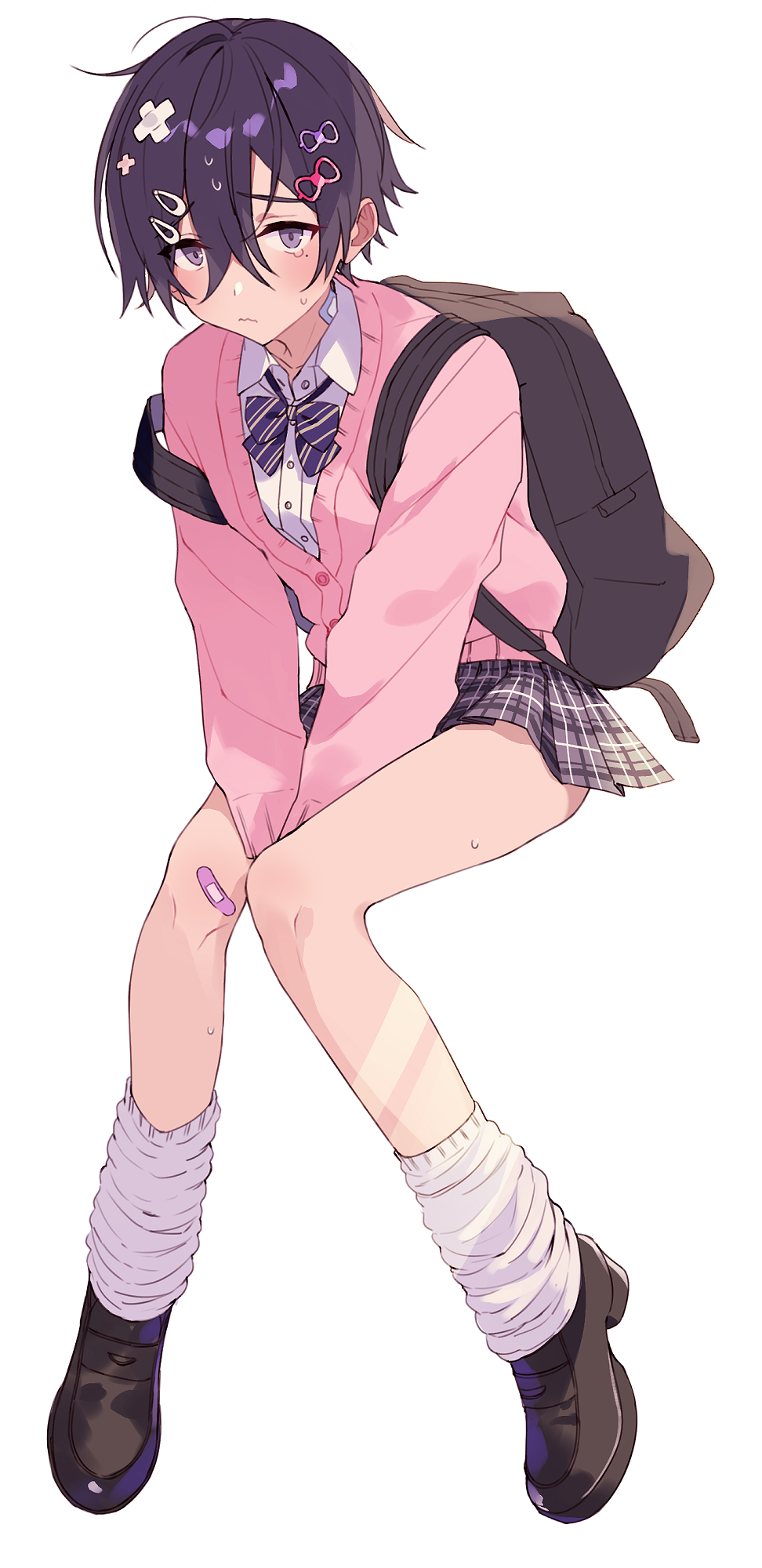 1boy, arms_between_legs, backpack, bag, bandaid, bandaid_on_knee, bangs, black_footwear