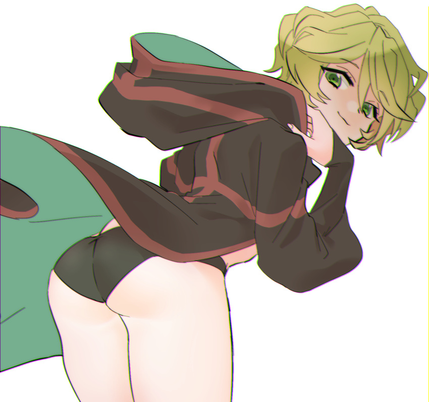 1girl, ass, bent_over, black_cloak, black_panties, blonde_hair, cloak, elfnein