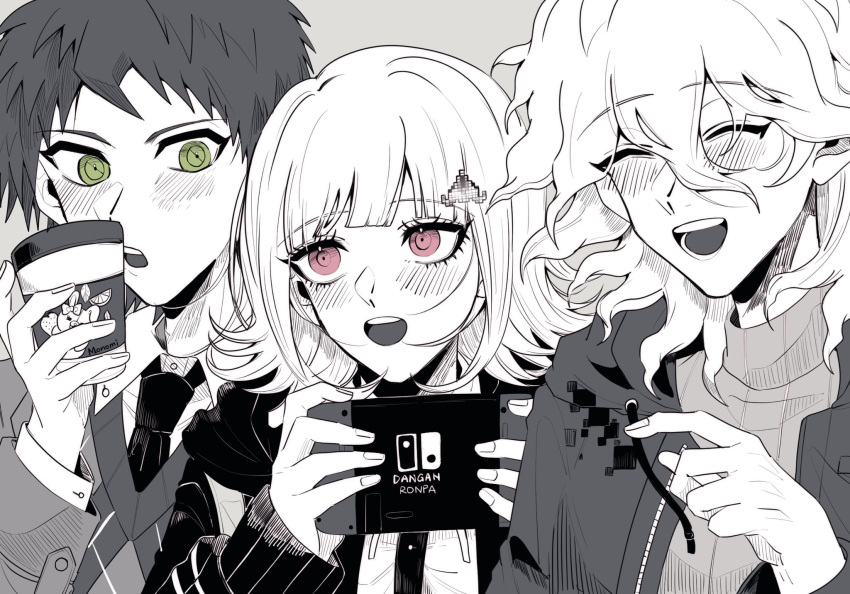 1girl, 2boys, bangs, blunt_bangs, blush, brown_eyes, character_print, collared_shirt, copyright_name, danganronpa_(series), danganronpa_2:_goodbye_despair, dress_shirt, eyebrows_visible_through_hair, galaga, grey_background, hair_between_eyes, hair_ornament, hakumai_(mgmg_okomee), handheld_game_console, highres, hinata_hajime, holding, holding_handheld_game_console, jacket, komaeda_nagito, long_sleeves, messy_hair, monochrome, monomi_(danganronpa), multiple_boys, nanami_chiaki, necktie, open_clothes, open_jacket, open_mouth, pink_eyes, shirt, simple_background, spot_color, teeth, two-tone_shirt, upper_teeth