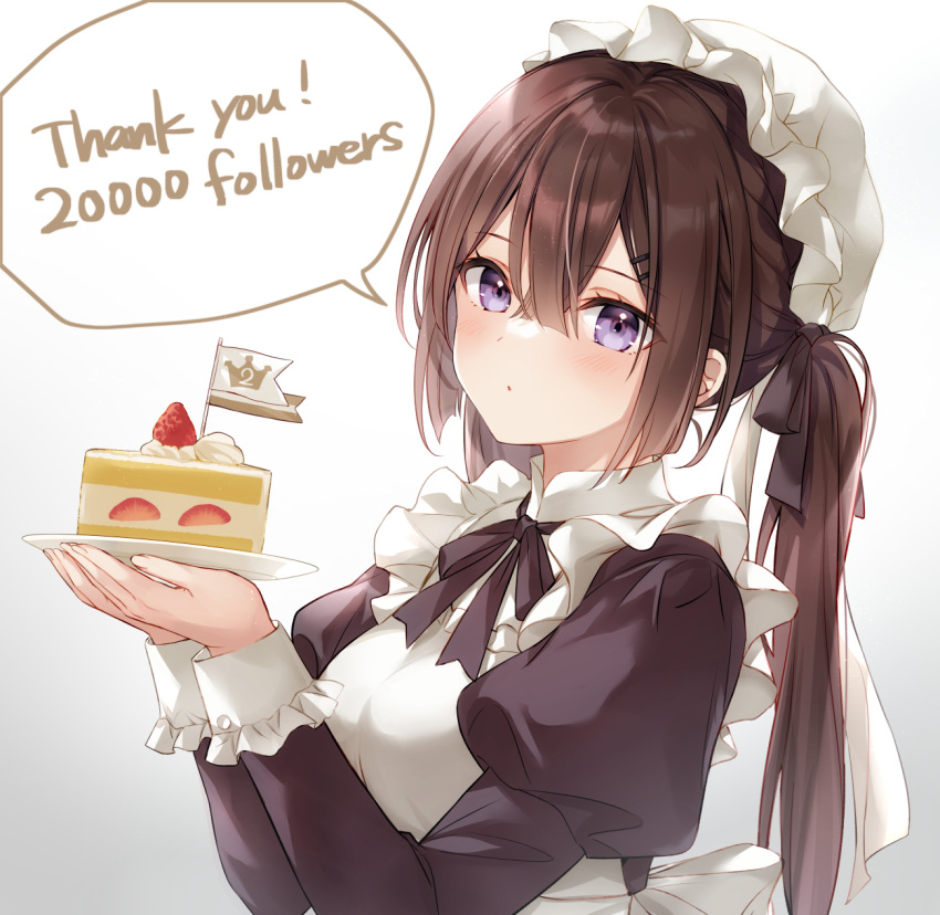 1girl, brown_hair, cake, closed_mouth, food, hair_ornament, hairclip, highres