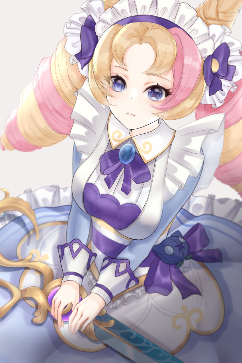 1girl, absurdres, bangs, blonde_hair, blue_bow, blue_bowtie, blue_dress, blue_eyes, bow, bowtie, breasts, cafe_cuties_gwen, closed_mouth, collared_dress, dress, frills, gem, grey_background, gwen_(league_of_legends), hair_bow, hair_cones, highres, hnnk_buta, large_breasts, league_of_legends, long_dress, long_sleeves, looking_at_viewer, maid_headdress, multicolored_hair, open_mouth, parted_bangs, pink_hair, solo, star-shaped_pupils, star_(symbol), symbol-shaped_pupils, twin_drills, twintails, two-tone_hair