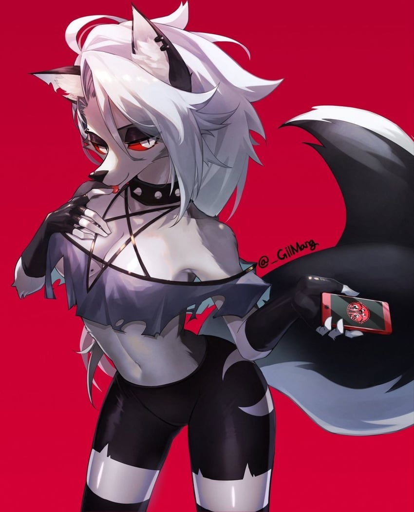 1girl, :p, animal_ear_fluff, animal_ears, bangs, black_shorts, collar, detached_sleeves
