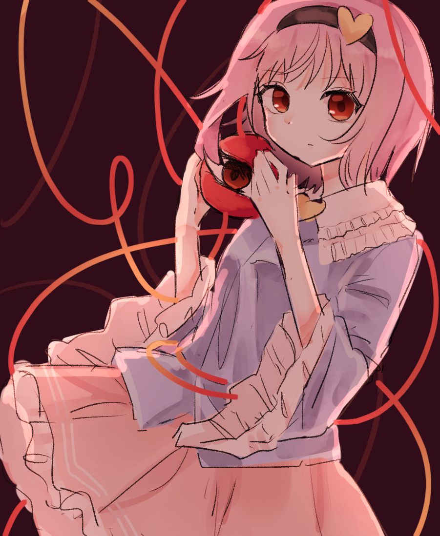 1girl, bangs, blouse, blue_blouse, buttons, collared_blouse, eyeball, eyebrows_visible_through_hair, frilled_shirt_collar, frills, hairband, heart, heart_button, komeiji_satori, long_sleeves, one-hour_drawing_challenge, pink_hair, pink_skirt, red_eyes, rena_(ke), short_hair, skirt, solo, third_eye, touhou, wide_sleeves
