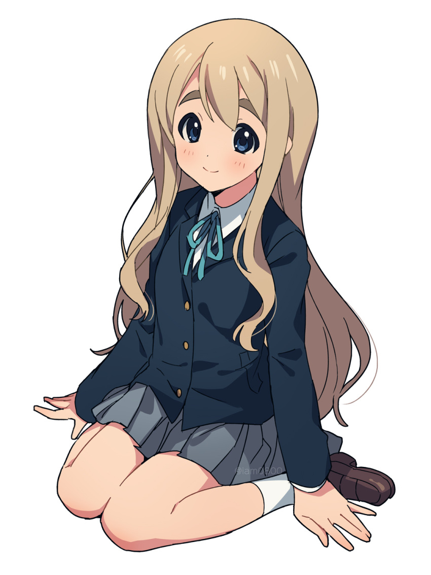 1girl, arm_support, arms_at_sides, asada_hachi, bangs, banned_artist, black_jacket, blazer, blonde_hair, blue_eyes, blue_ribbon, blush, brown_footwear, closed_mouth, collared_shirt, commentary, full_body, grey_skirt, highres, jacket, k-on!, kotobuki_tsumugi, loafers, long_hair, long_sleeves, looking_at_viewer, miniskirt, neck_ribbon, pleated_skirt, ribbon, sakuragaoka_high_school_uniform, school_uniform, shirt, shoes, simple_background, sitting, skirt, smile, socks, solo, thick_eyebrows, twitter_username, very_long_hair, wariza, watermark, white_background, white_legwear, white_shirt