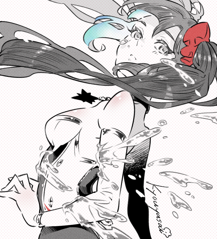 1girl, absurdres, artist_name, breasts, genshin_impact, hair_ornament, hair_scrunchie, highres, kyouyasai4423, limited_palette, long_hair, looking_at_viewer, mona_(genshin_impact), parted_lips, red_scrunchie, scrunchie, small_breasts, solo, spot_color, upper_body, water