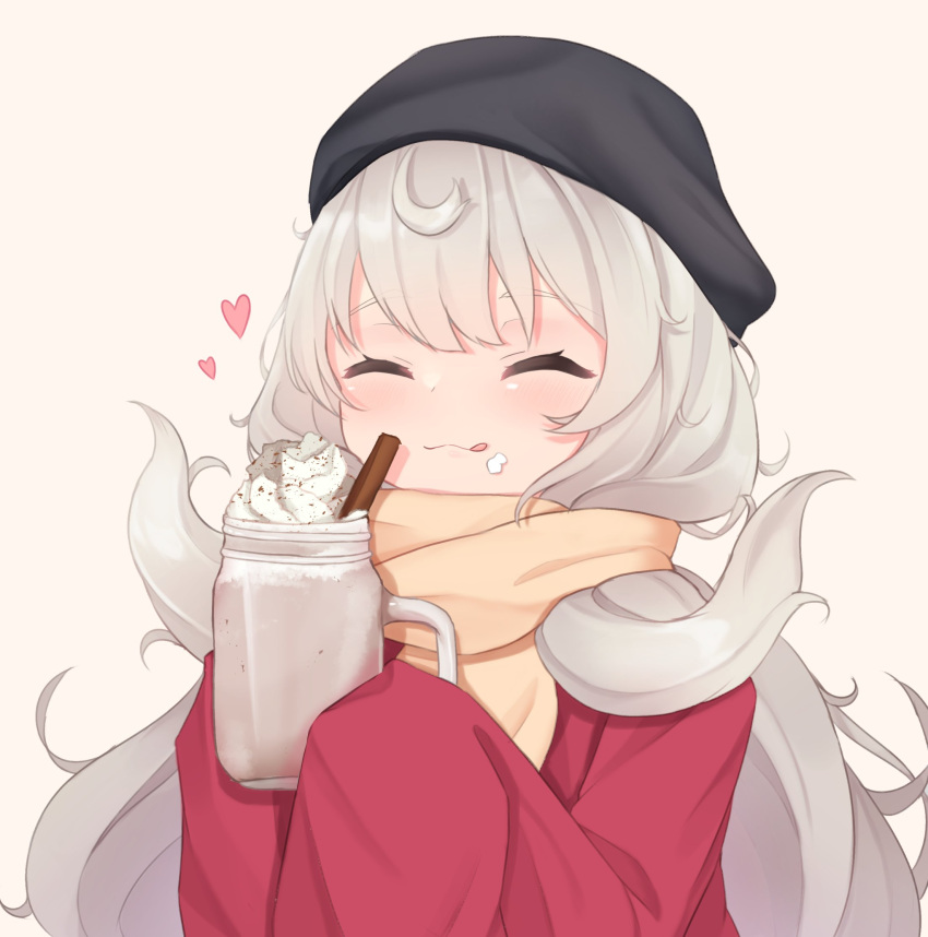 1girl, ^_^, beanie, beige_background, black_headwear, closed_eyes, coffee, cup
