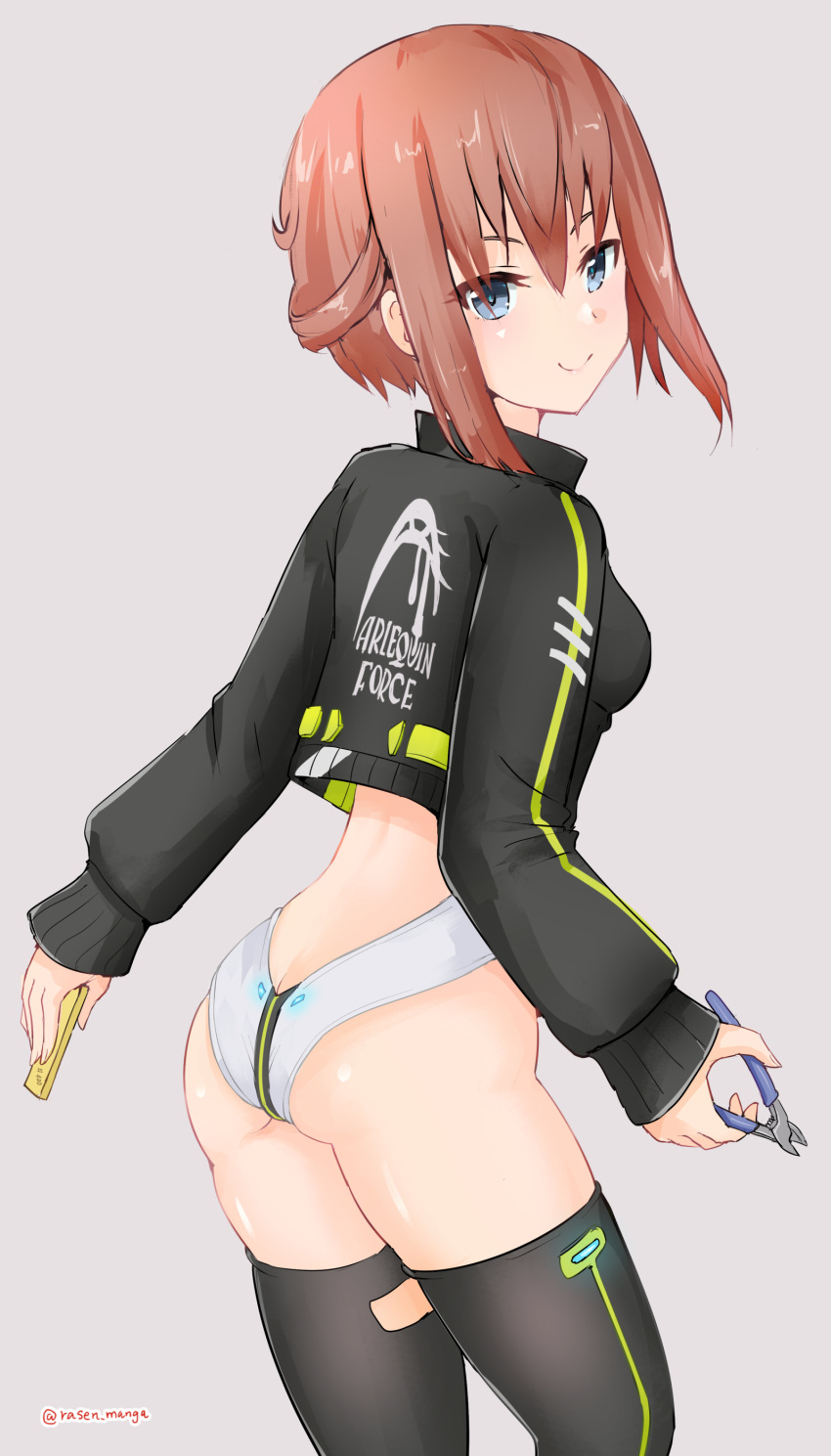 1girl, absurdres, alice_gear_aegis, ass, black_jacket, black_legwear, blue_eyes, booth_babe