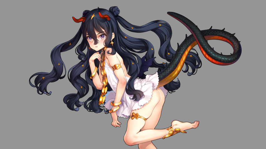 1girl, armlet, bare_shoulders, barefoot, black_hair, bracelet, dragon_girl, dragon_horns