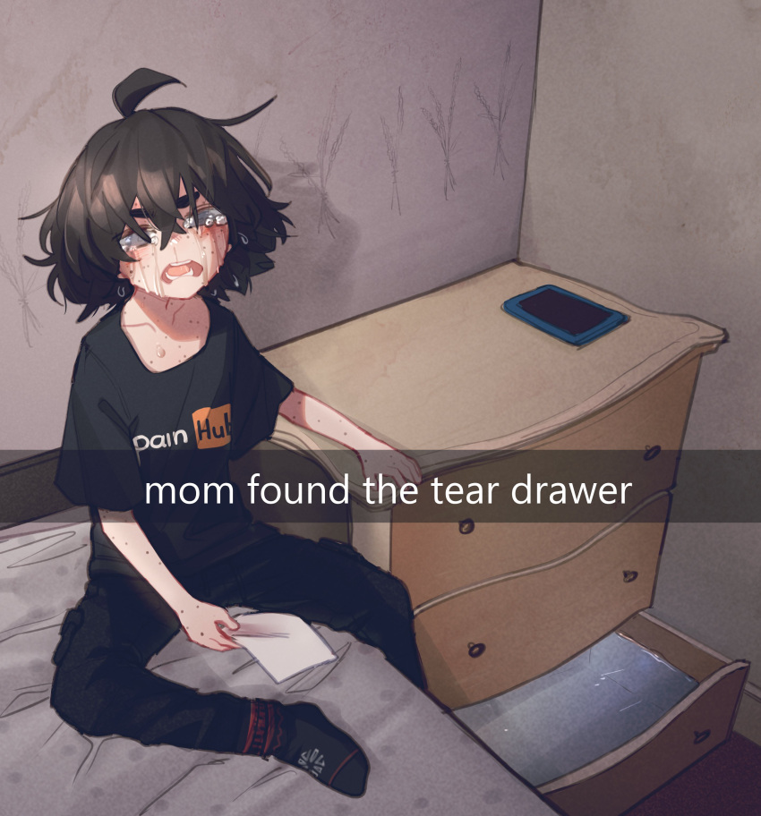 1girl, absurdres, ahoge, bangs, black_hair, black_legwear, black_pants, black_shirt