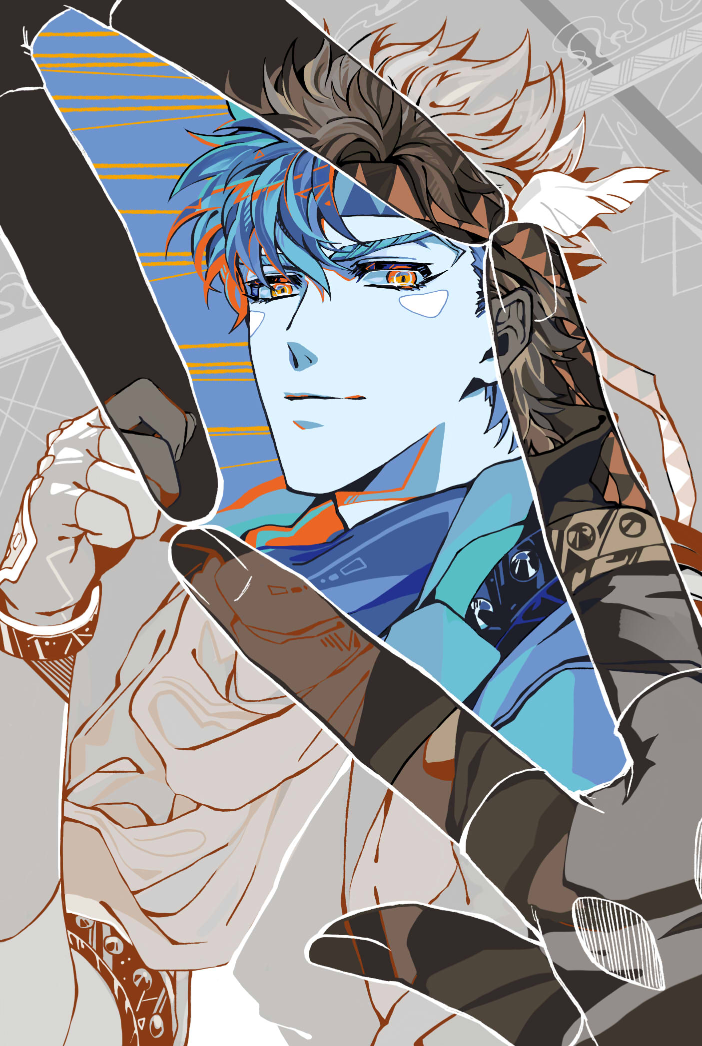 battle_tendency, blue_jacket, caesar_anthonio_zeppeli, facial_mark, feather_hair_ornament, feathers, finger_frame, fingerless_gloves