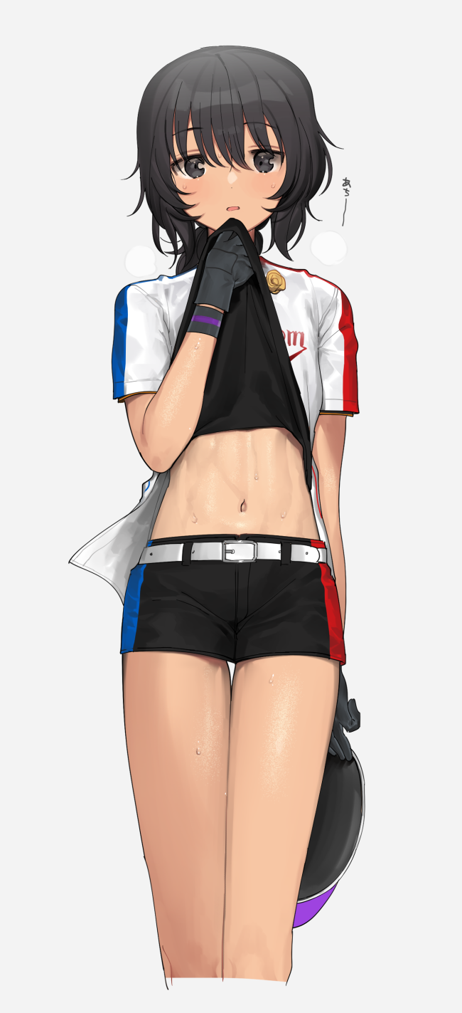 1girl, andou_(girls_und_panzer), bangs, black_eyes, black_gloves, black_hair, black_shirt, black_shorts, clothes_lift, cropped_legs, eyebrows_visible_through_hair, girls_und_panzer, gloves, grey_background, hair_between_eyes, highres, holding, jacket, lifted_by_self, looking_at_viewer, midriff, navel, open_mouth, shiny, shiny_hair, shiny_skin, shirt, shirt_lift, short_hair, short_shorts, short_sleeves, shorts, sketch, solo, standing, stomach, tan_(inka), thigh_gap, white_jacket