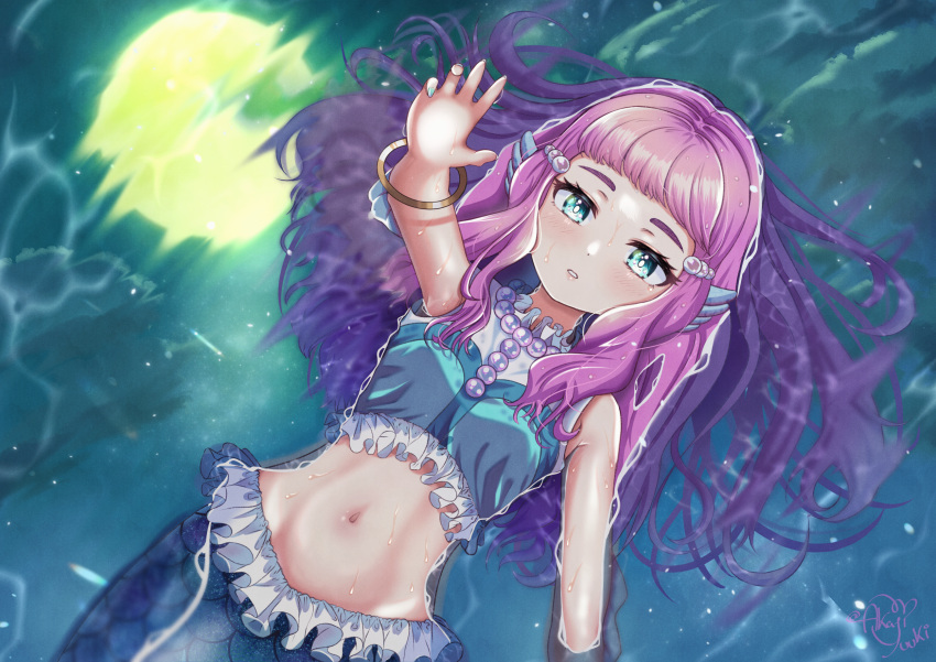 1girl, akajiyuuki, arm_up, blue_eyes, blue_nails, bracelet, crop_top, from_above