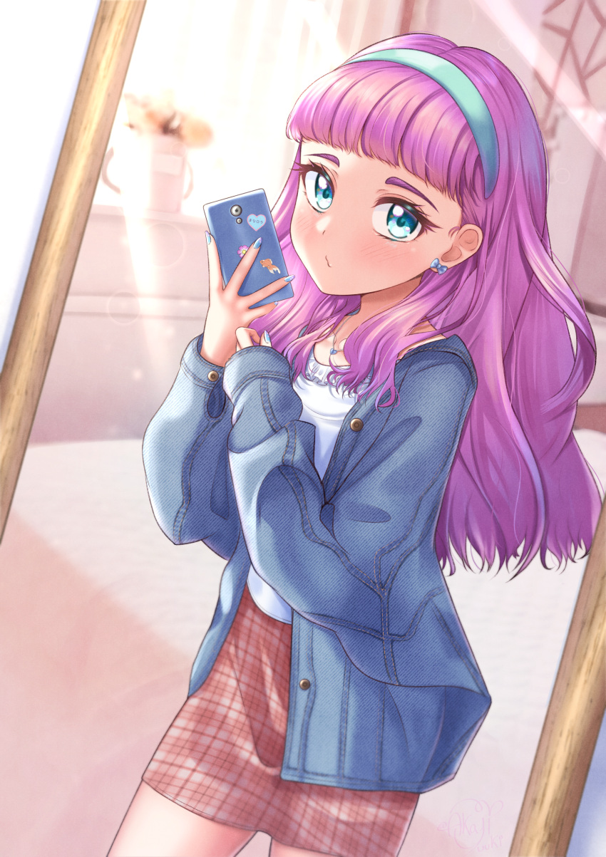 1girl, absurdres, akajiyuuki, bangs, blue_eyes, blue_hairband, blue_jacket, blue_nails