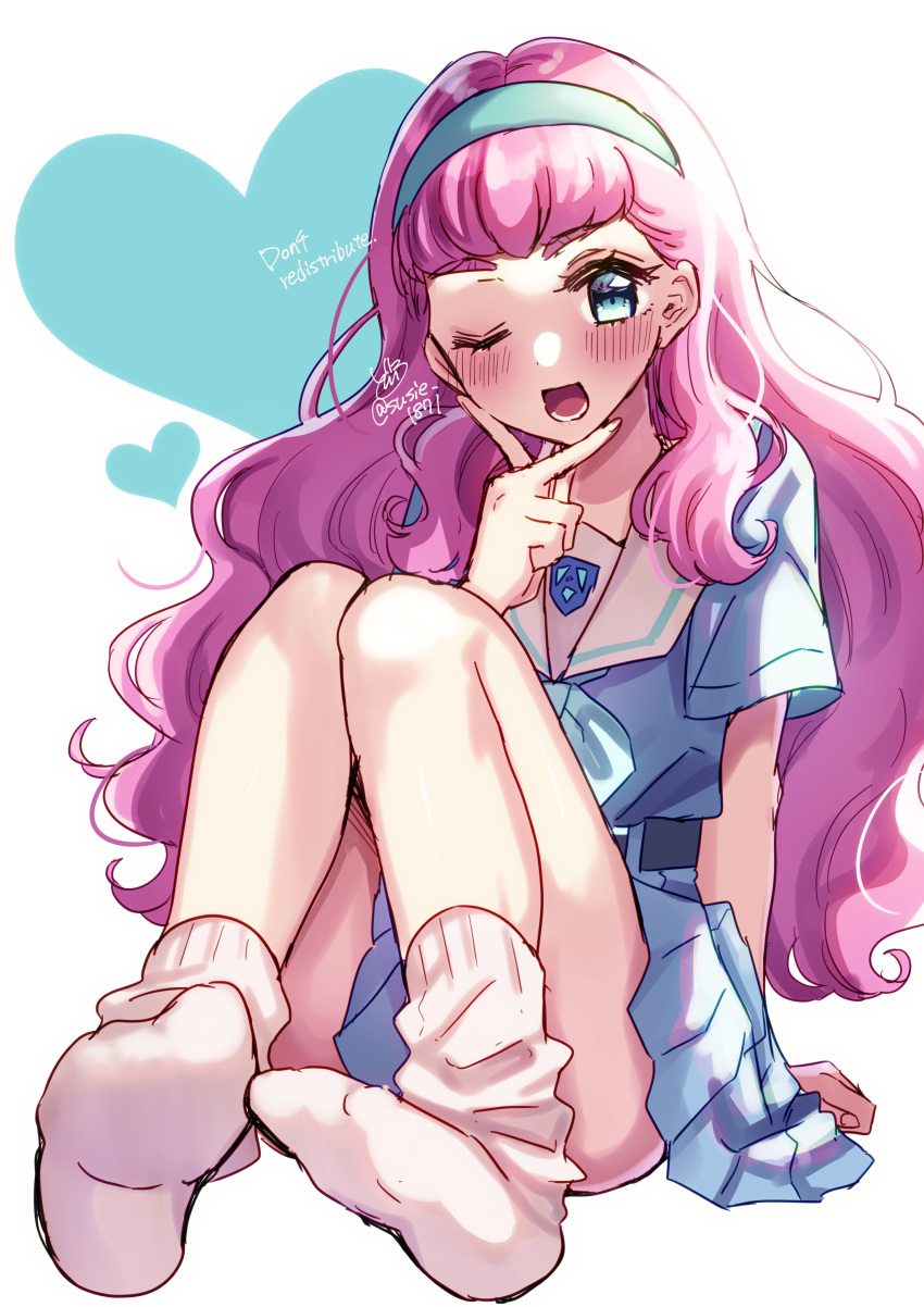 1girl, ;d, absurdres, aozora_middle_school_uniform, blue_eyes, blue_hairband, blue_serafuku, blue_shirt