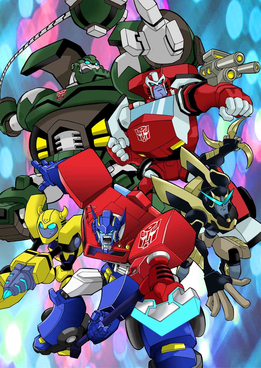 5boys, arm_cannon, autobot, axe, ball_and_chain_(weapon), bulkhead, bumblebee, clenched_hands