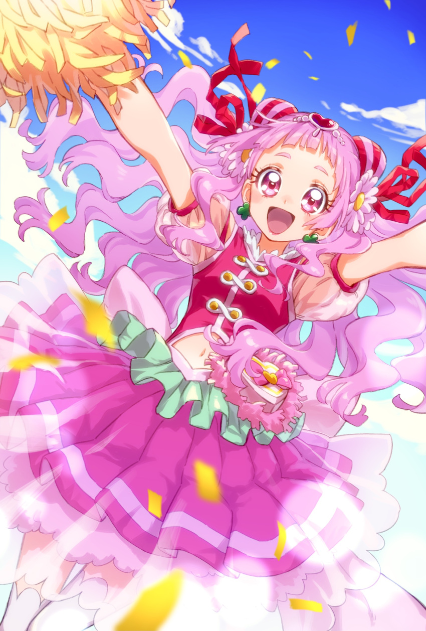 1girl, :d, back_bow, bow, cheerleader, clouds, clover_earrings, confetti