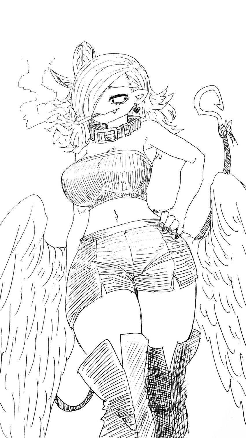1girl, black_neckwear, black_skirt, breasts, choker, cigarette, demon_girl, demon_tail