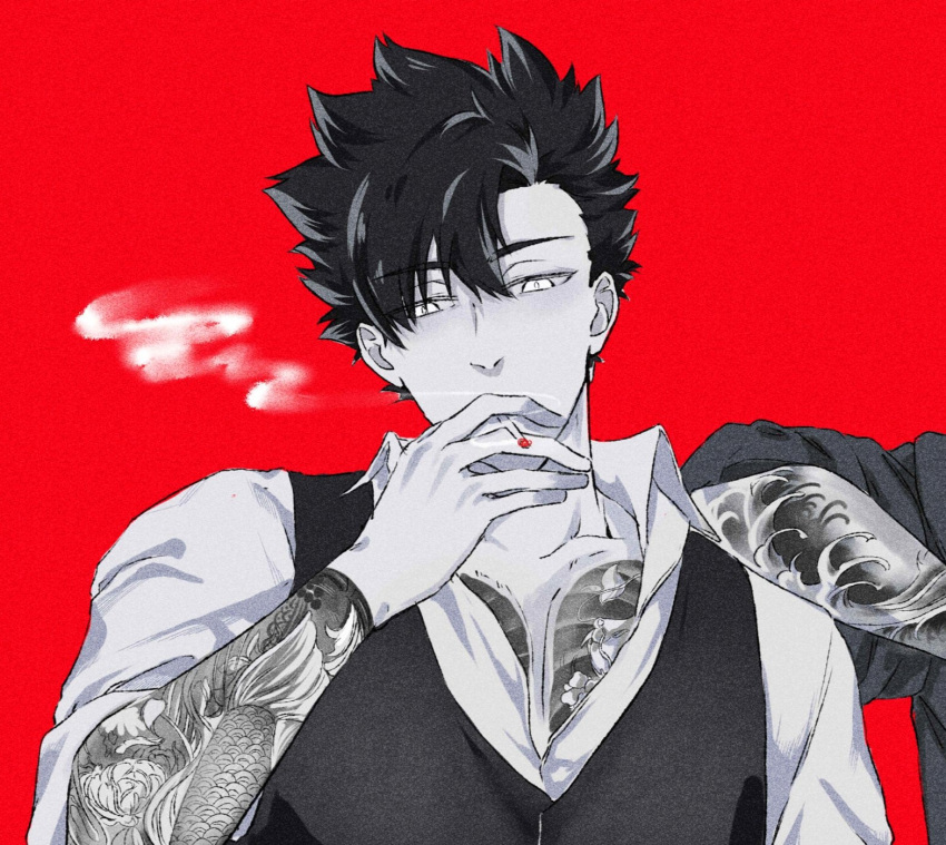 1boy, alternate_universe, arm_tattoo, black_hair, chest_tattoo, cigarette, collared_shirt, full-body_tattoo