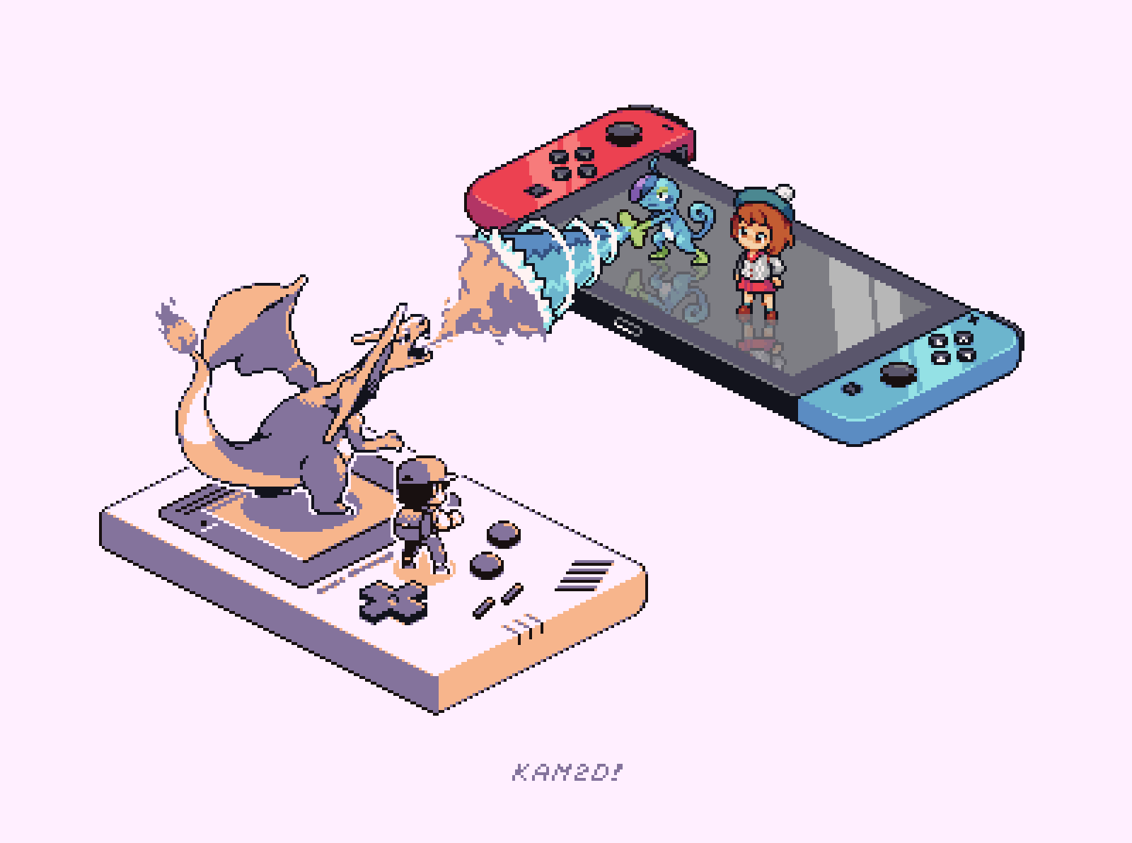 1boy, 1girl, bangs, baseball_cap, brown_hair, cardigan, charizard, drizzile, fire, game_boy, gloria_(pokemon), green_headwear, grey_cardigan, handheld_game_console, hat, highres, hooded_cardigan, kam2d, nintendo_switch, open_mouth, pokemon, pokemon_(creature), pokemon_(game), pokemon_rgby, pokemon_swsh, red_(pokemon), reflection, short_hair, tam_o'_shanter, water_gun_(pokemon), wings