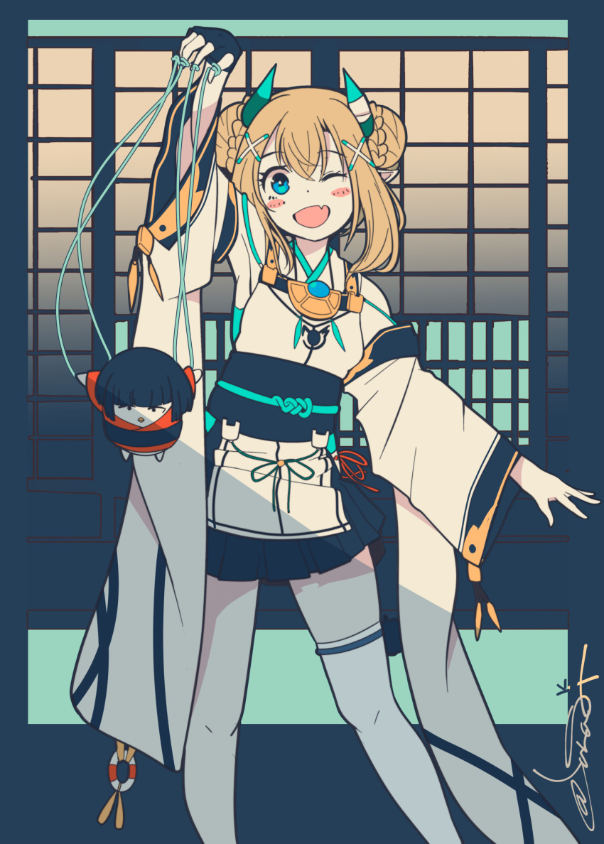 1girl, arm_up, armpits, azur_lane, blonde_hair, blue_eyes, blush_stickers, detached_sleeves, double_bun, english_commentary, fang, fingerless_gloves, gloves, hair_ornament, highres, japanese_clothes, one_eye_closed, oyashio_(azur_lane), puppet, puppet_strings, shinkuro_sanagi, single_thighhigh, thigh-highs, x_hair_ornament