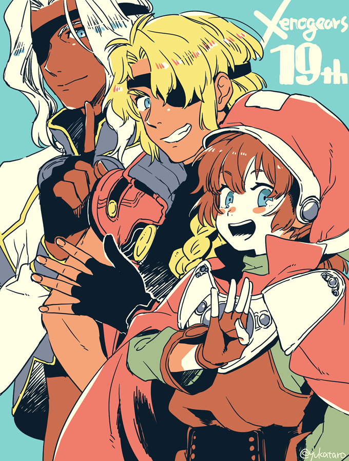 1girl, 2boys, bartholomew_fatima, blonde_hair, blue_eyes, braid, brown_hair, dark-skinned_male