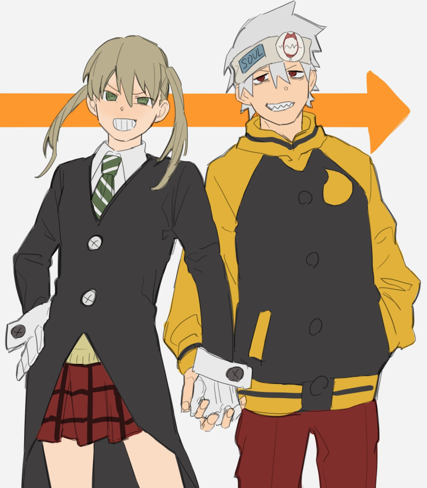 1boy, 1girl, arrow_(symbol), bbbb_fex, black_jacket, green_eyes, green_necktie, headband, highres, holding_hands, jacket, long_coat, maka_albarn, namesake, necktie, pants, red_eyes, red_pants, red_skirt, sharp_teeth, skirt, smile, soul_eater, soul_eater_(character), striped_necktie, teeth, twintails, two-tone_hoodie, white_background