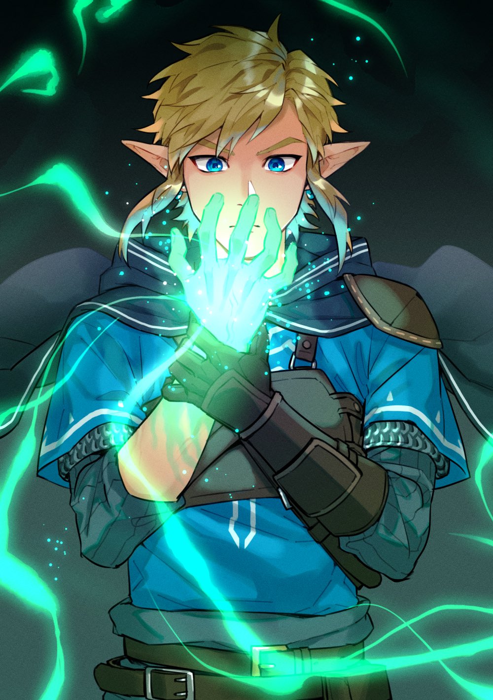 1boy, amagosi, armor, bangs, belt, blonde_hair, blue_eyes, blue_tunic, brown_gloves, chainmail, closed_mouth, commentary_request, energy, frown, gloves, hand_on_own_wrist, highres, link, looking_down, male_focus, pointy_ears, shiny, shiny_hair, short_hair, shoulder_pads, single_shoulder_pad, solo, strap, the_legend_of_zelda, upper_body