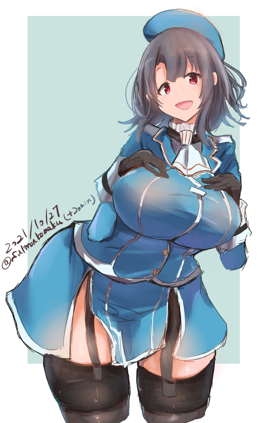 1girl, arm_under_breasts, bangs, beret, black_gloves, black_hair, blue_headwear, breasts