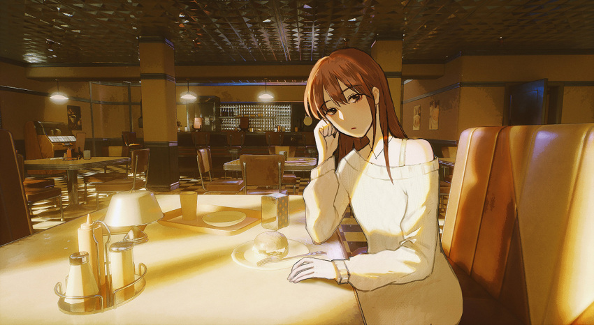 1girl, bangs, beige_sweater, black_eyes, brown_hair, cafe, chinese_commentary, commentary, dress, eyebrows_visible_through_hair, indoors, jewelry, long_hair, long_sleeves, looking_at_viewer, maionese, original, parted_lips, pendant, sidelocks, sitting, solo, sunlight, sweater, sweater_dress, unreal_(medium)