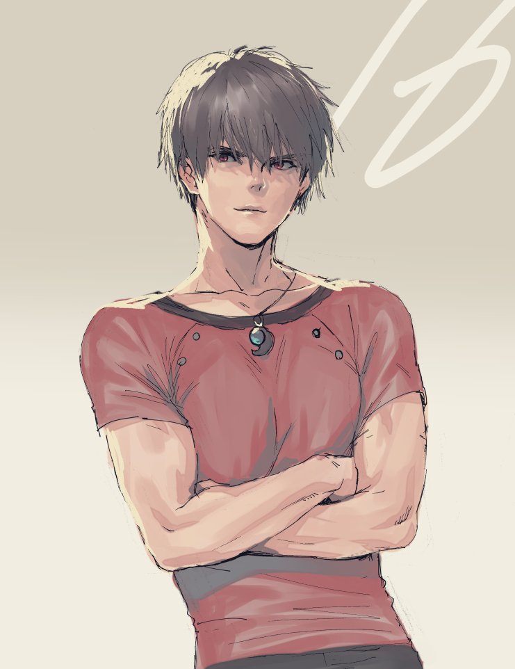 1boy, brown_hair, closed_mouth, collarbone, crossed_arms, jewelry, looking_at_viewer, male_focus