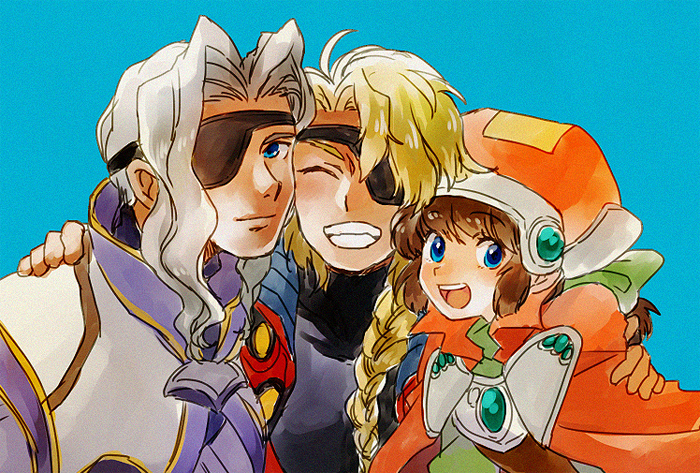 1girl, 2boys, bartholomew_fatima, blonde_hair, blue_eyes, braid, brown_hair, closed_mouth